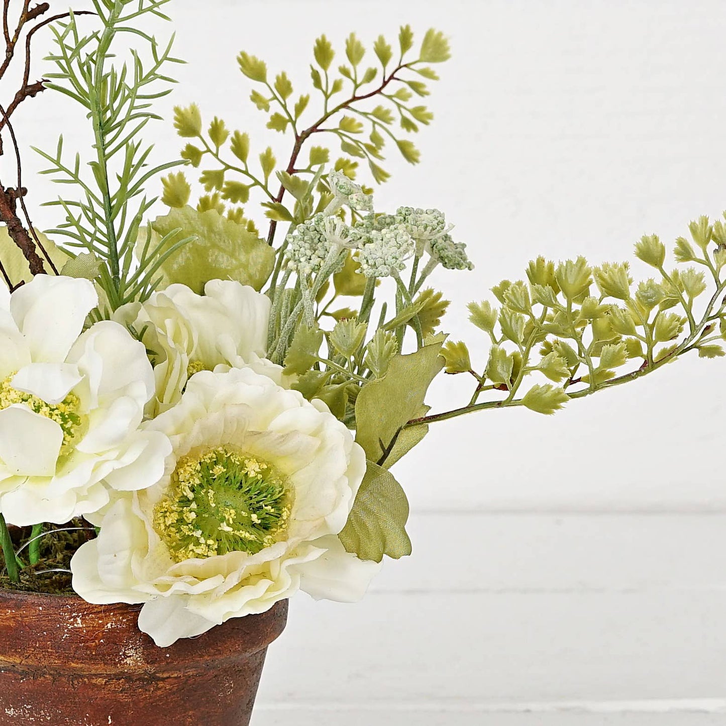 Cream Cosmos, Poppies with Greenery Pot-11"Hx9"D