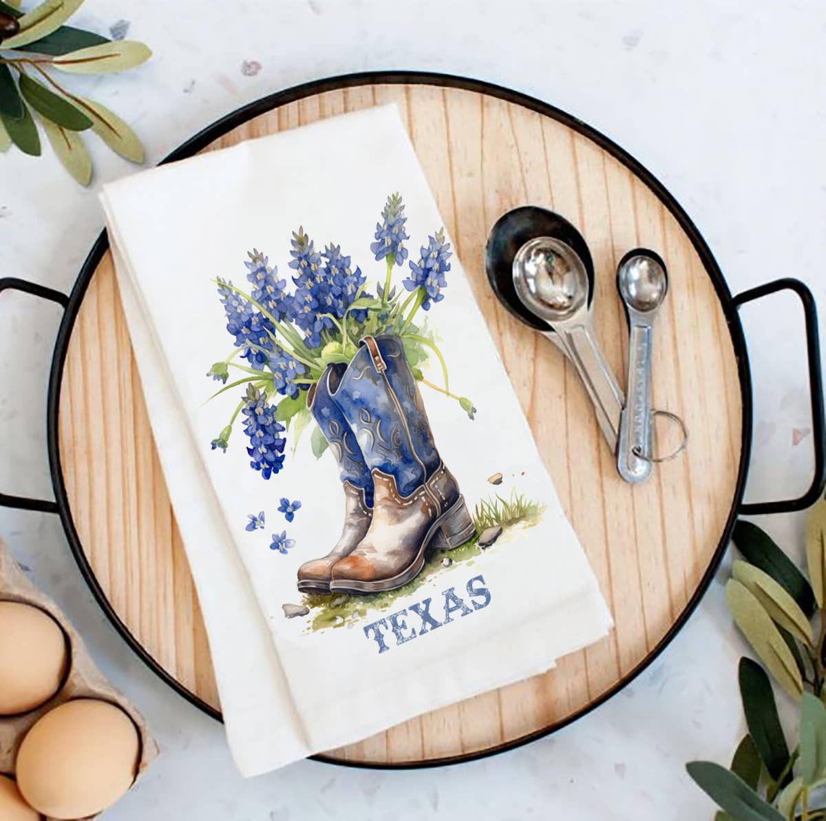 Bluebonnet Cowboy Boots Texas Flour Sack Tea Towel