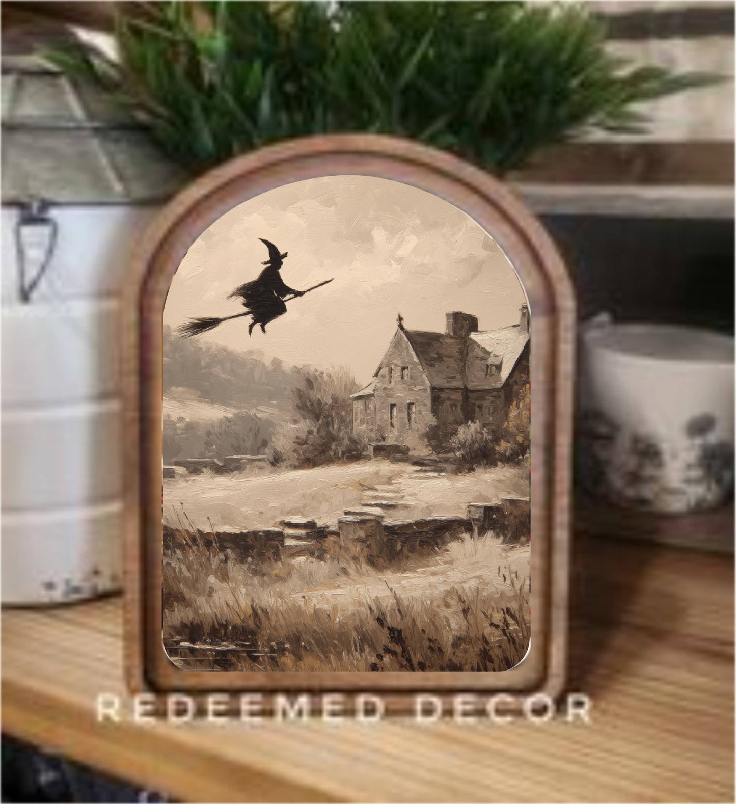 Arch Top Flying Witch Framed Art : 6x8"