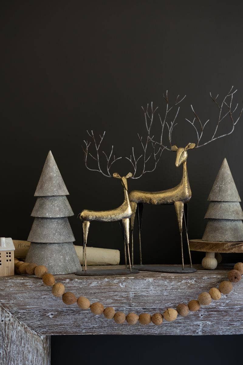 SET OF TWO ANTIQUE GOLD METAL CHRISTMAS DEER: Gold / Metal / Large: 18" x 5" x 28"t; Small: 15" x 4" x 21"t