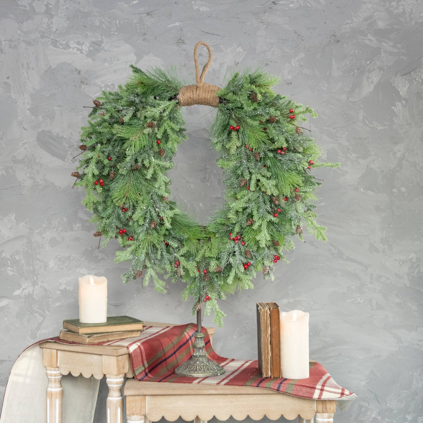 30" GLITTERED PINE & RED BERRY HANGING WREATH