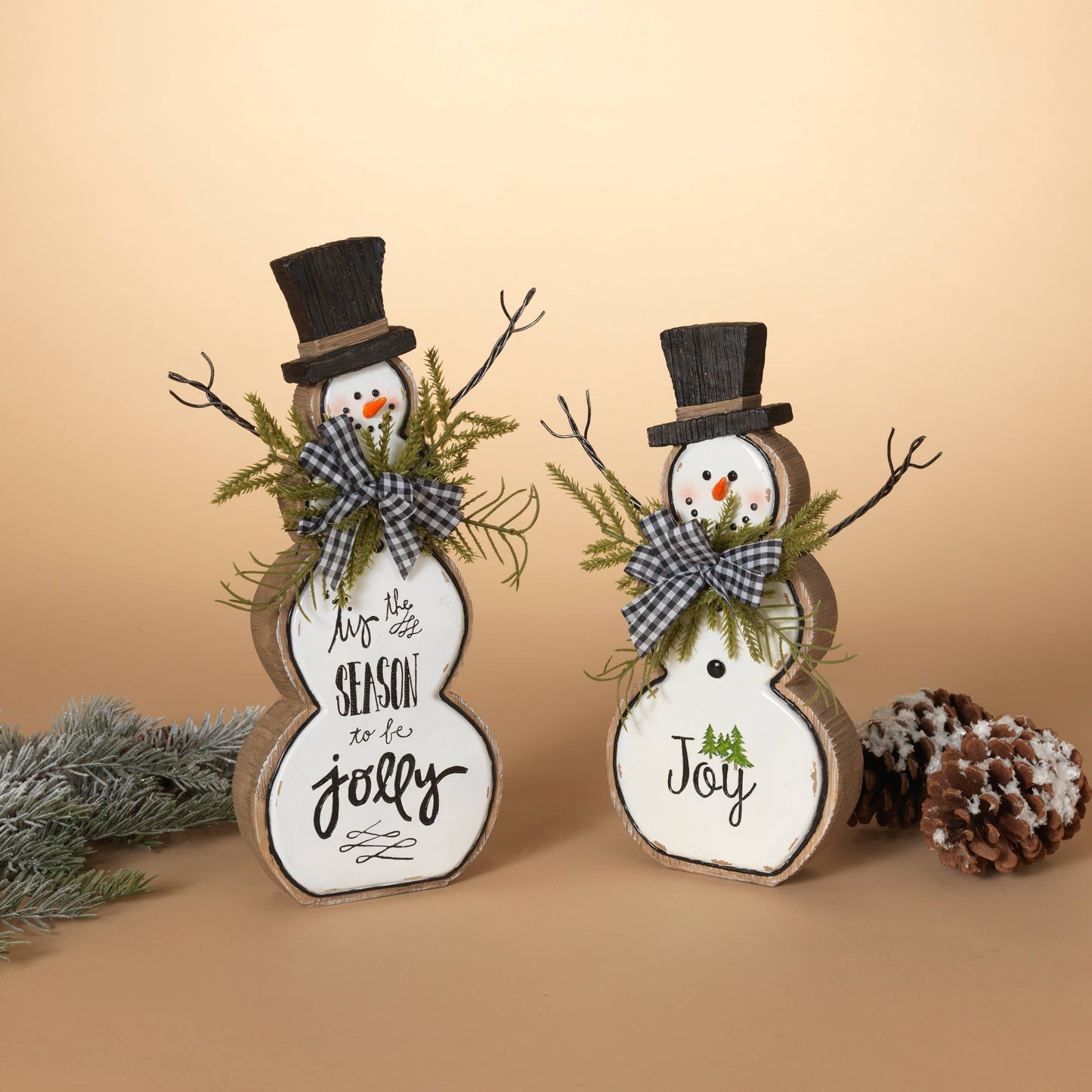 Set of 2 Resin Snowman Figurine w/ Pine & Bow