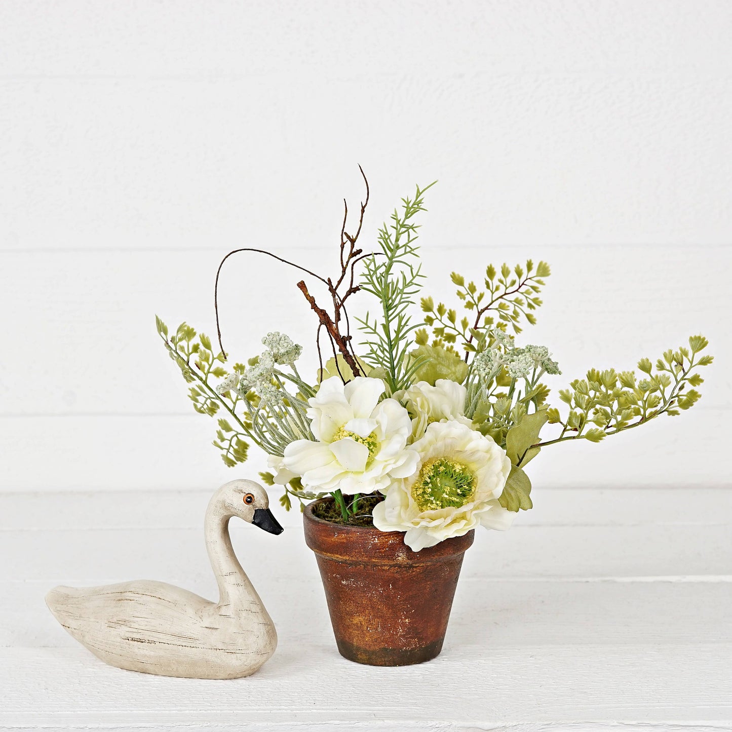 Cream Cosmos, Poppies with Greenery Pot-11"Hx9"D