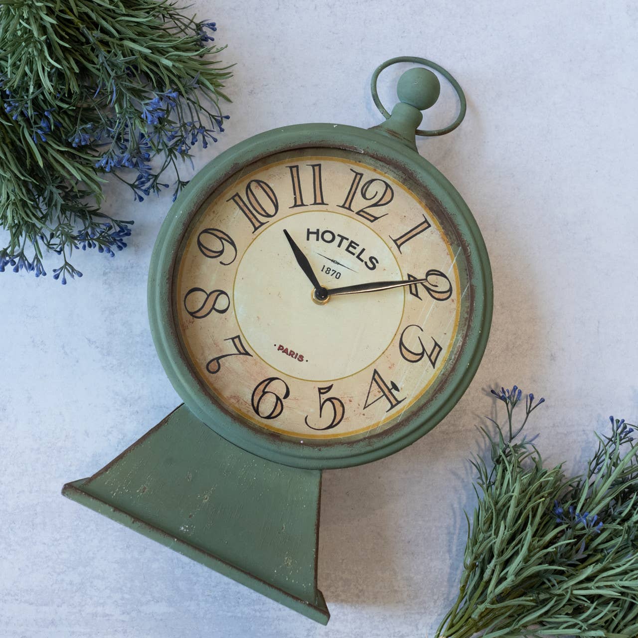 AGED GREEN TABLETOP CLOCK