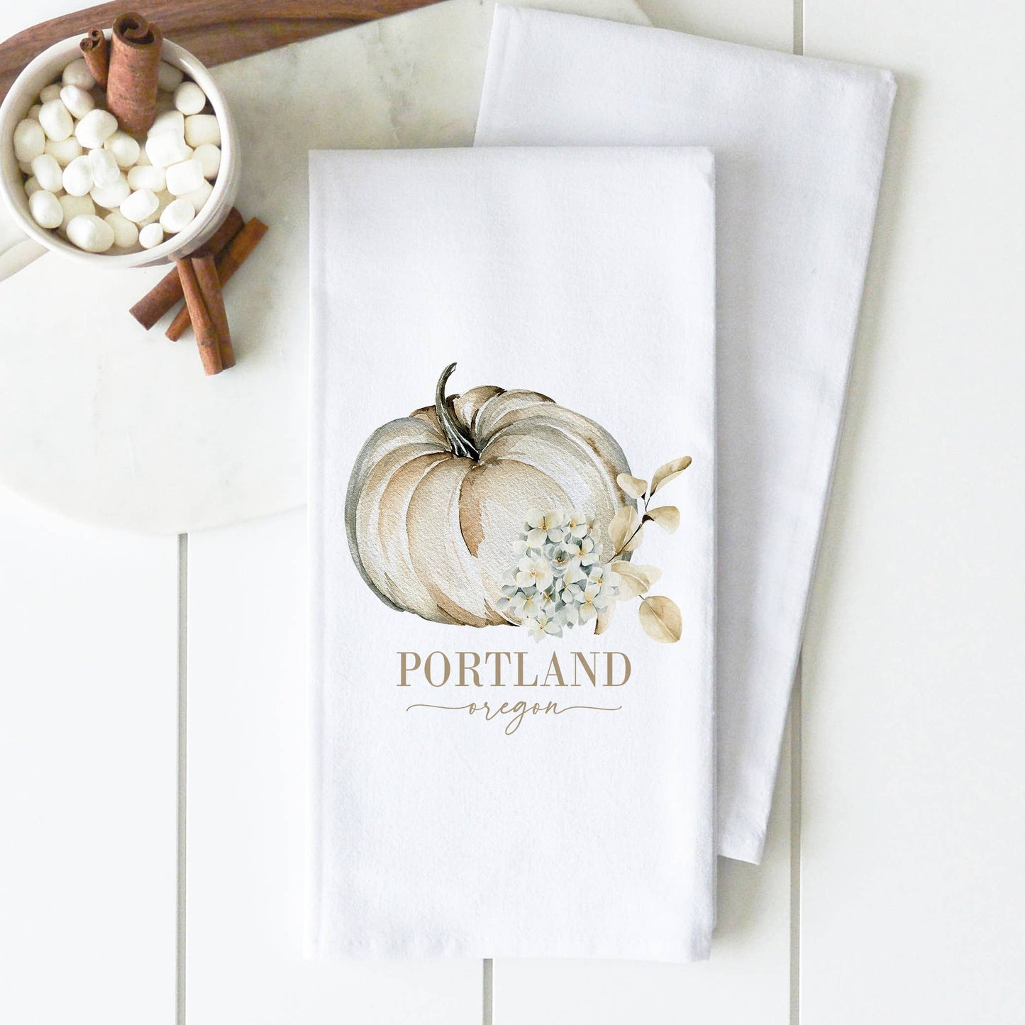 La Vernia Custom Location Floral Pumpkin Tea Towel: White • 100% Cotton