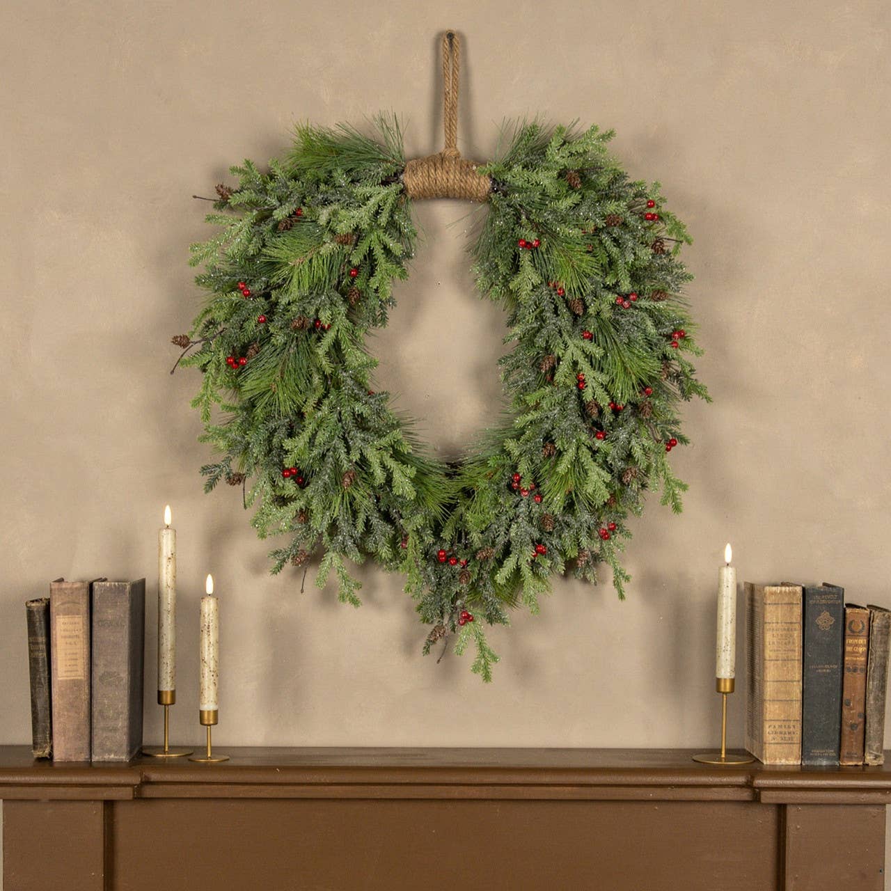 30" GLITTERED PINE & RED BERRY HANGING WREATH
