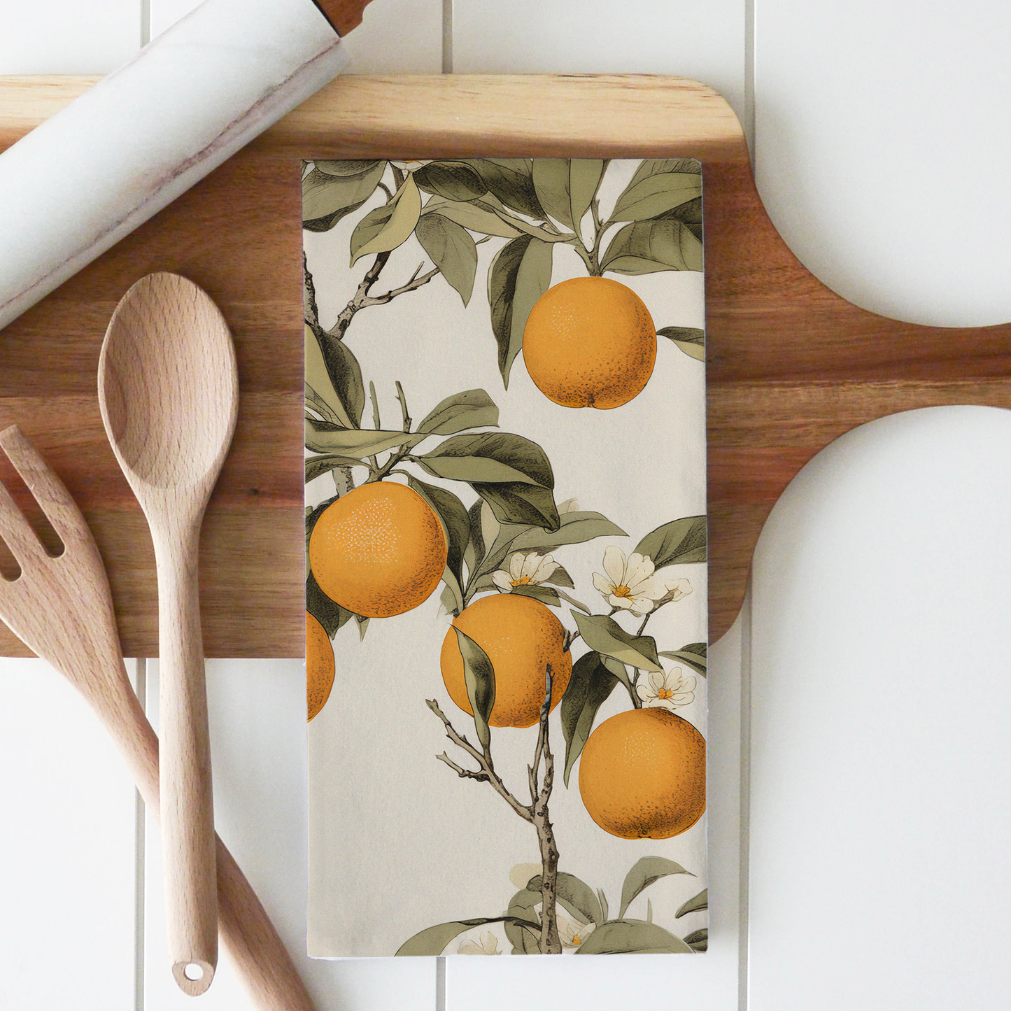 Vintage Oranges Kitchen Tea Towel: White • 100% Cotton