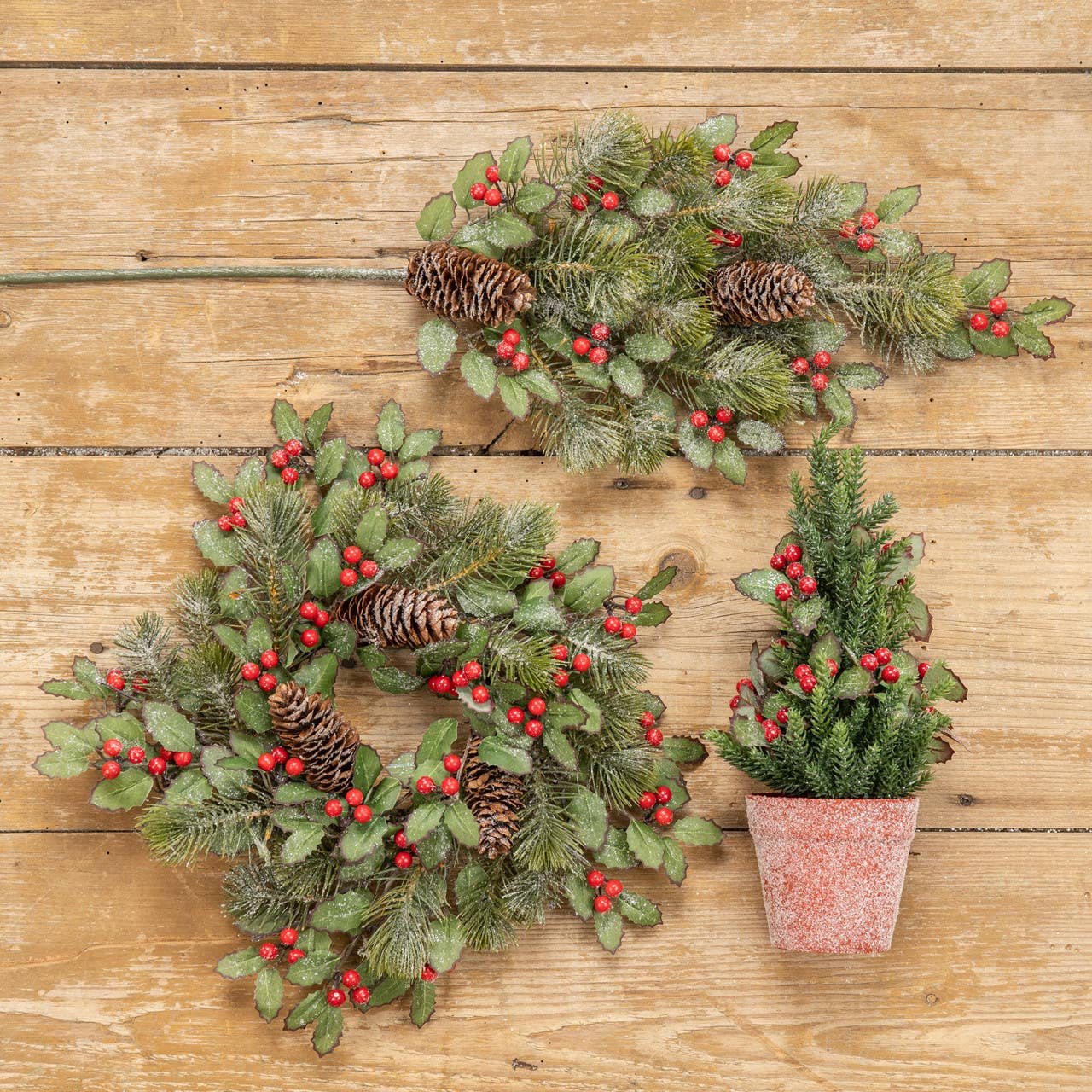 16" SNOWY HOLLY CANDLE RING W/ PINE & BERRIES & CONES