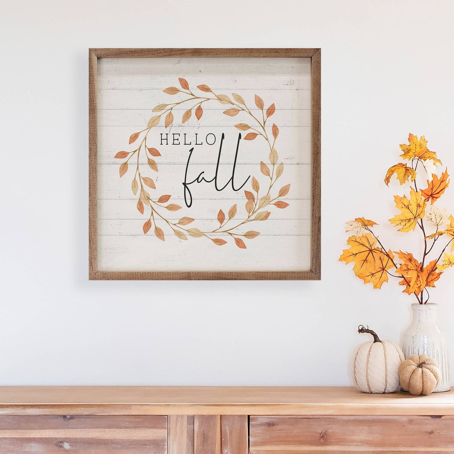Hello Fall Leaves Wreath Whitewash: 8 x 8 x 1.5