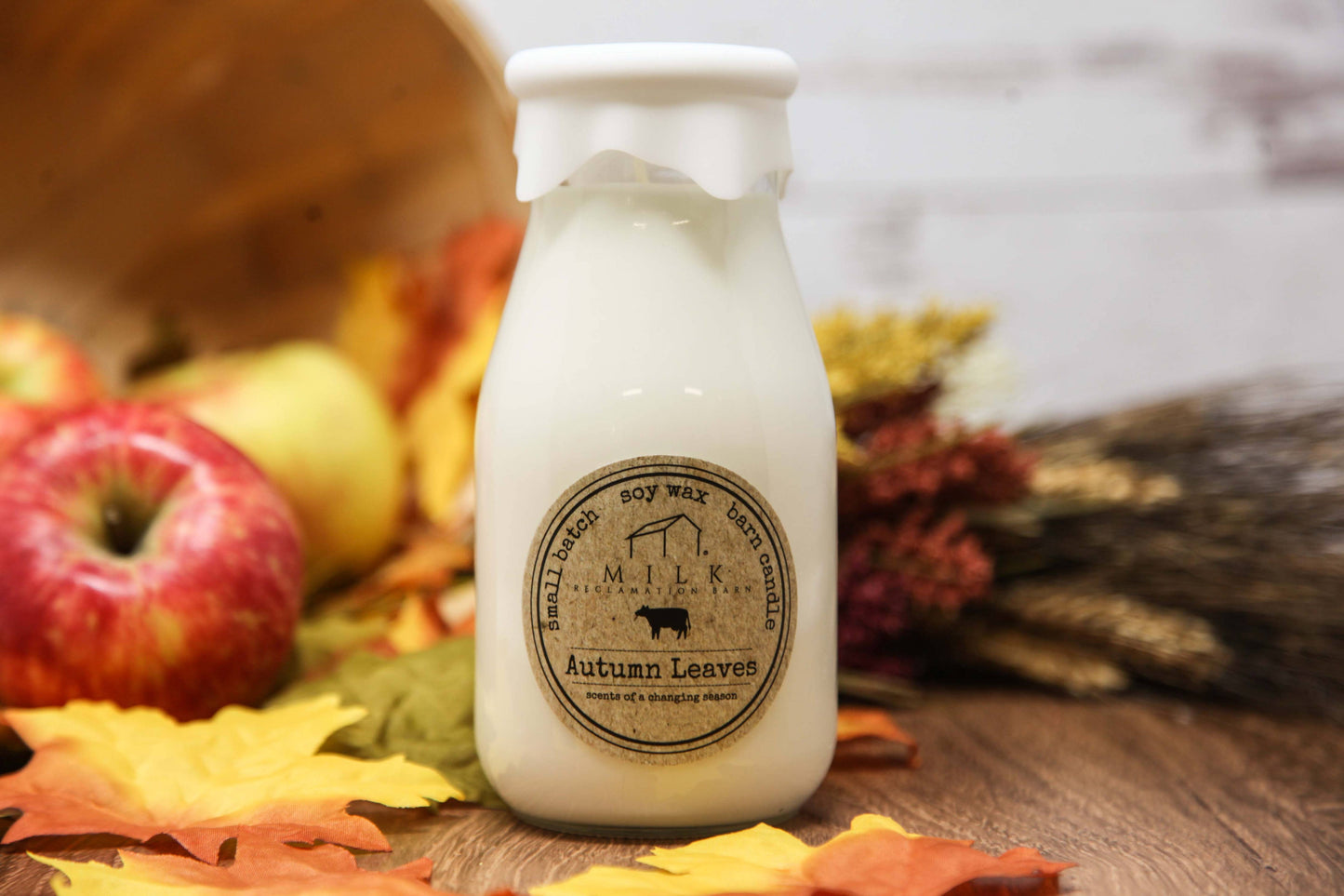 Milk Bottle Candle Autumn Leaves