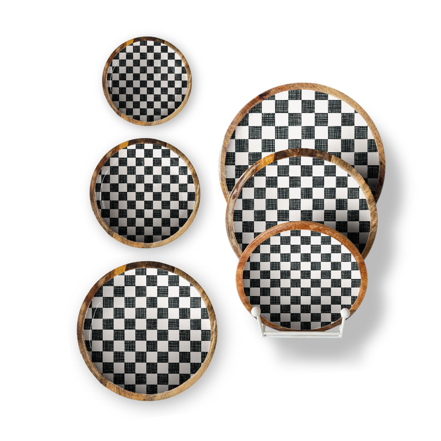 Black Check Set of 3 Decorative Round Trays