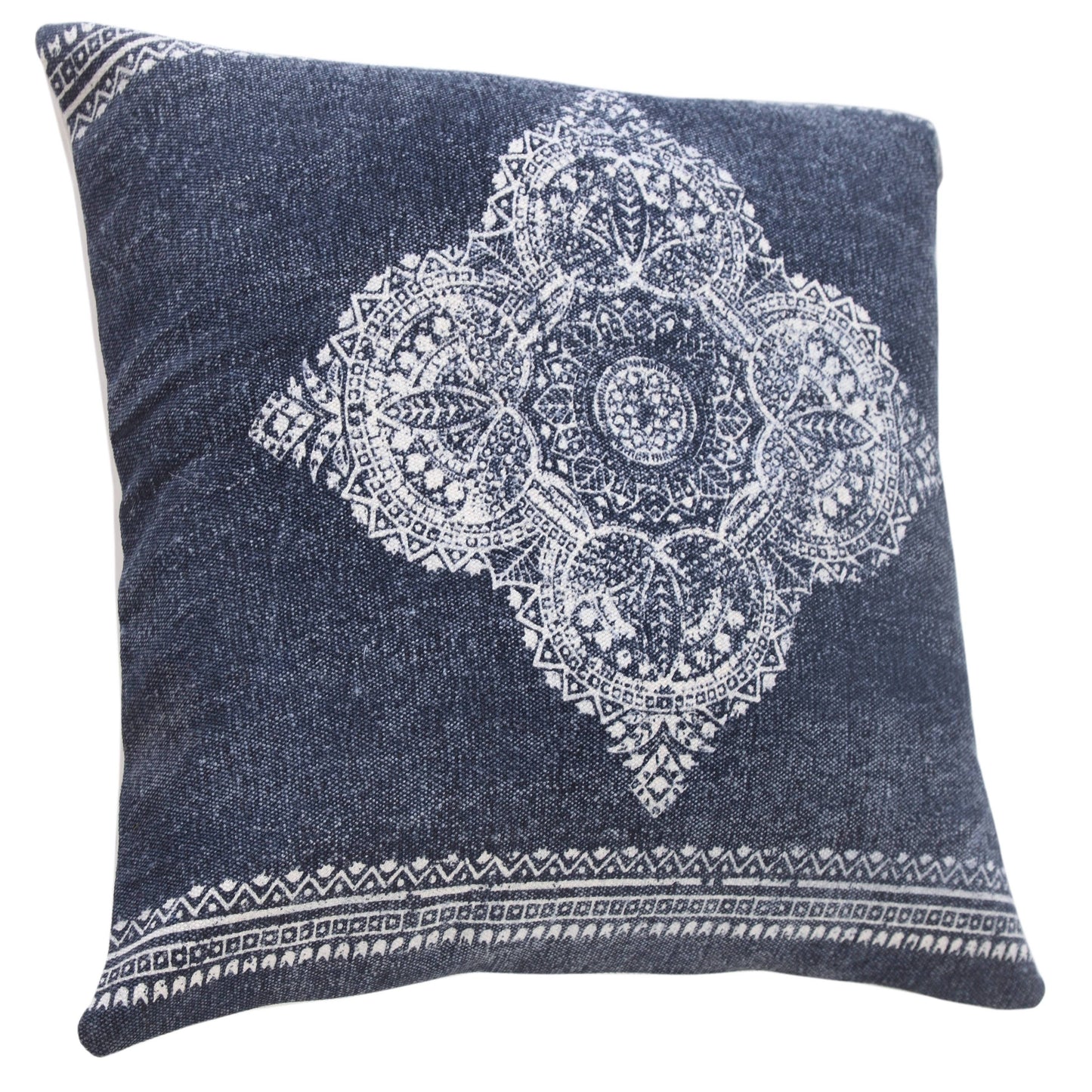 Fantasy Dark Blue Medallion Cotton Throw Pillow
