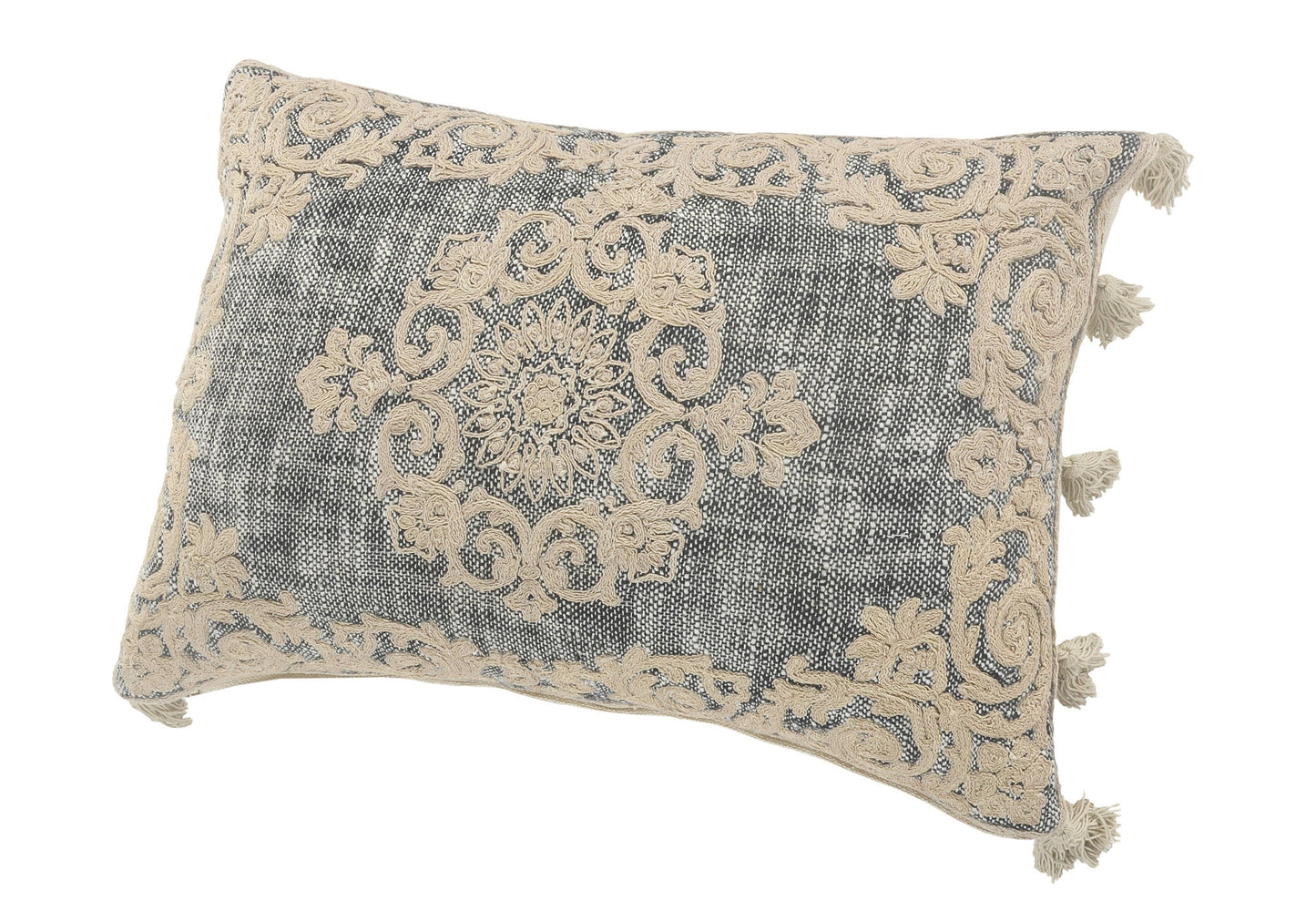 Medallion and Bordered Gray and Ivory Throw Pillow: Gray/Ivory / Poly Filled