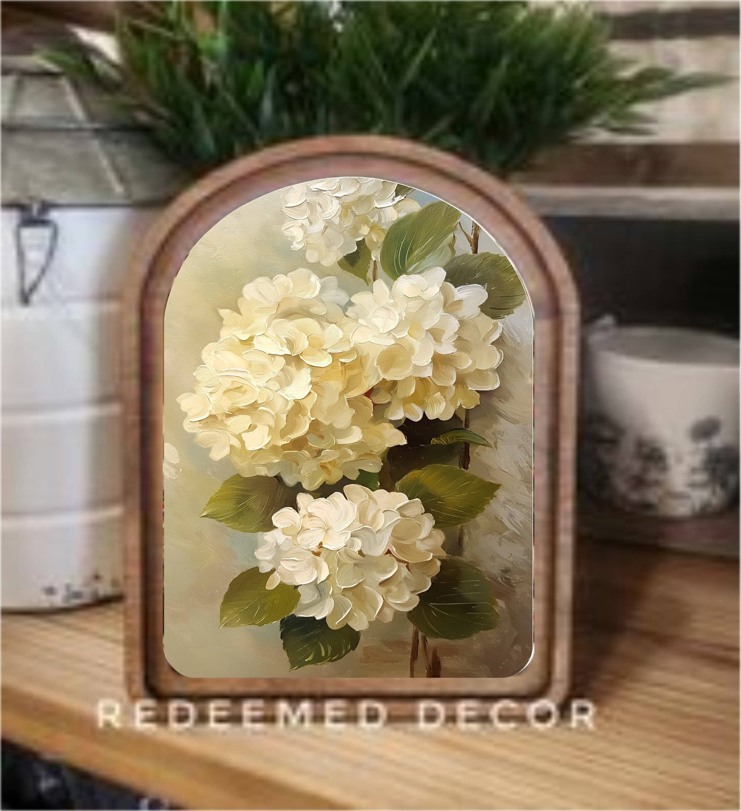 Arch Top Hydrangea Painting Framed Art: 8.25x11"