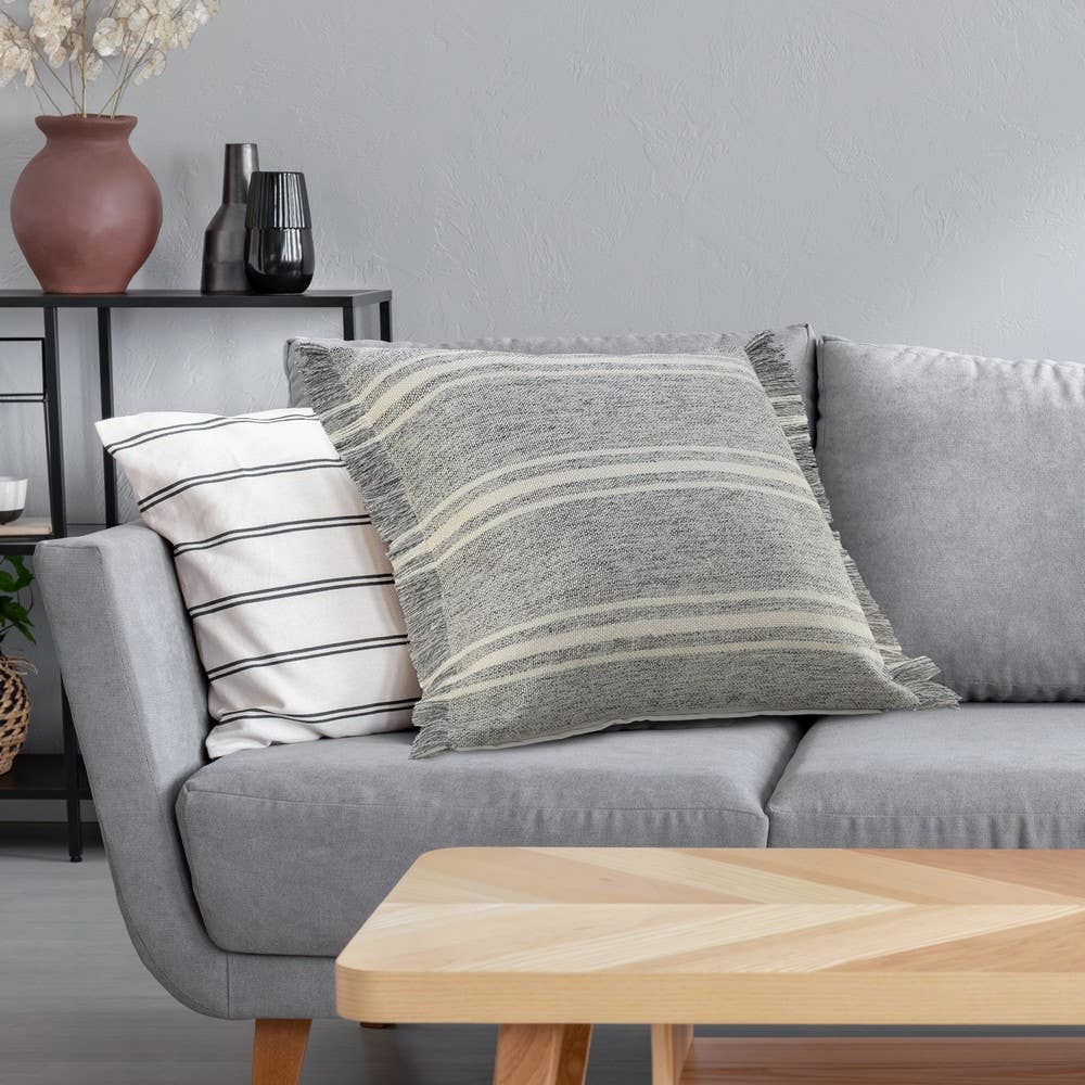 Farmhouse Triple Stripe Throw Pillow with Fringe: Poly Filled