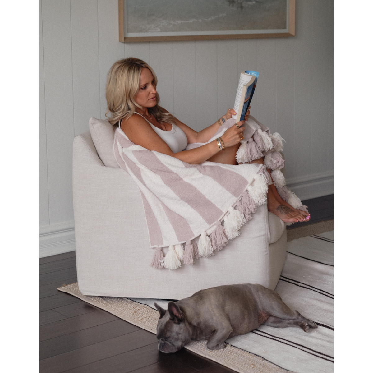 Striped Luxe Home Blanket with Tassels: Taupe/Cream