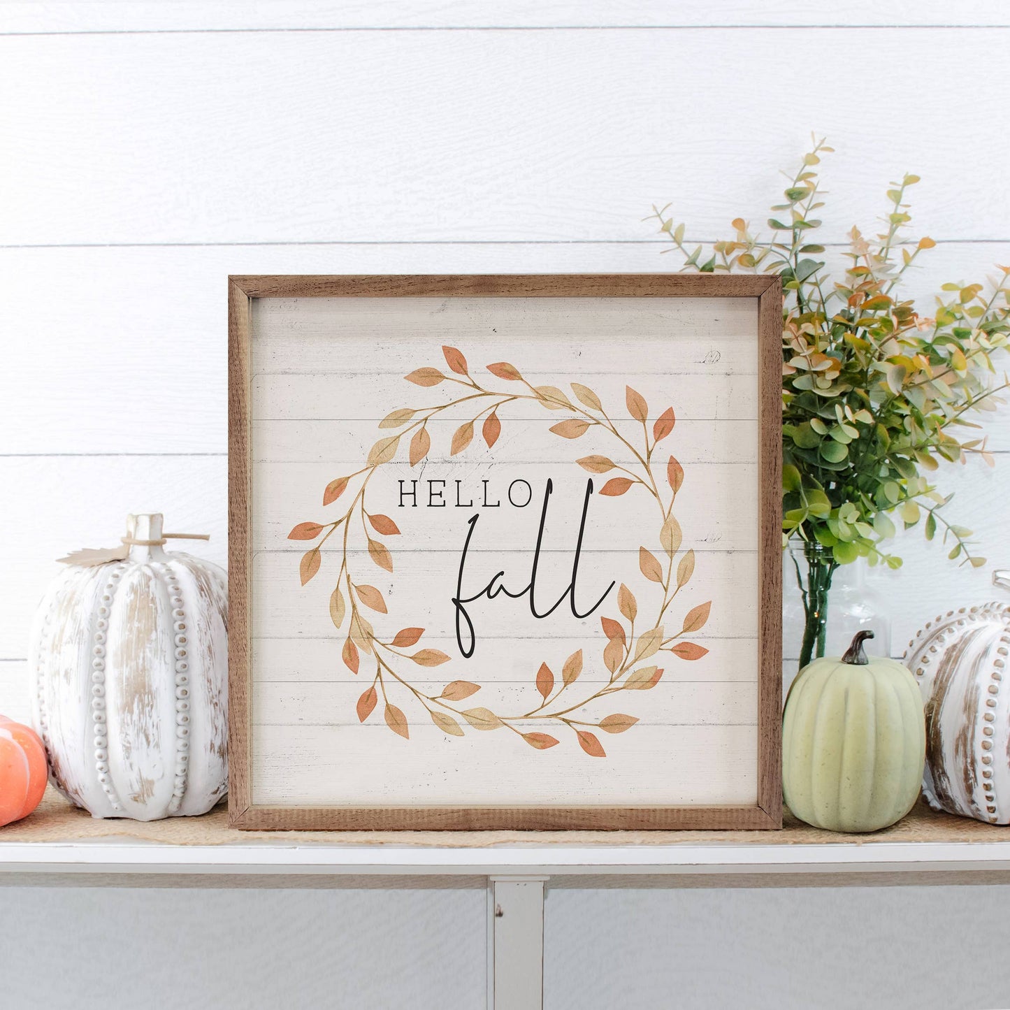 Hello Fall Leaves Wreath Whitewash: 8 x 8 x 1.5
