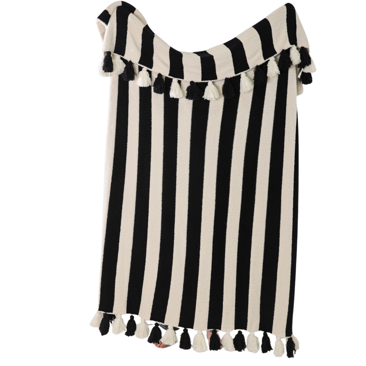 Striped Luxe Home Blanket with Tassels: Taupe/Cream