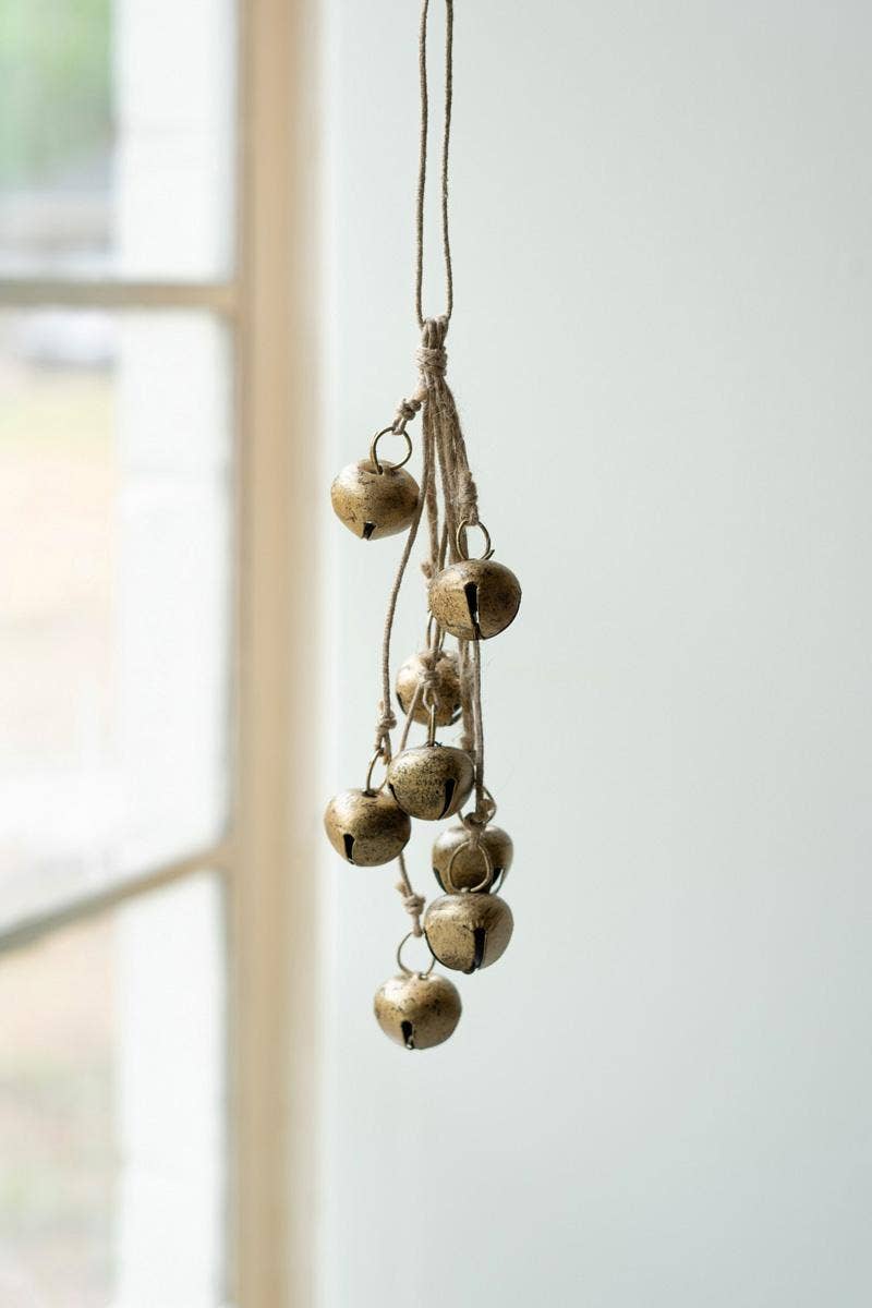 JINGLE BELL BUNCH ON A JUTE ROPE: Gold / Metal/Jute / 12" long