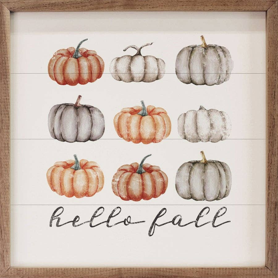 Hello Fall Orange And Gray Pumpkins White: 12 x 12 x 1.5