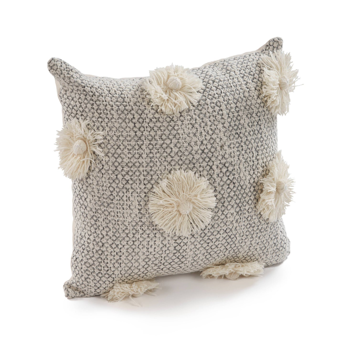 Willy Tassel Farmhouse Throw Pillow, Gray/White, 18" x 18": Gray/White / Poly Filled