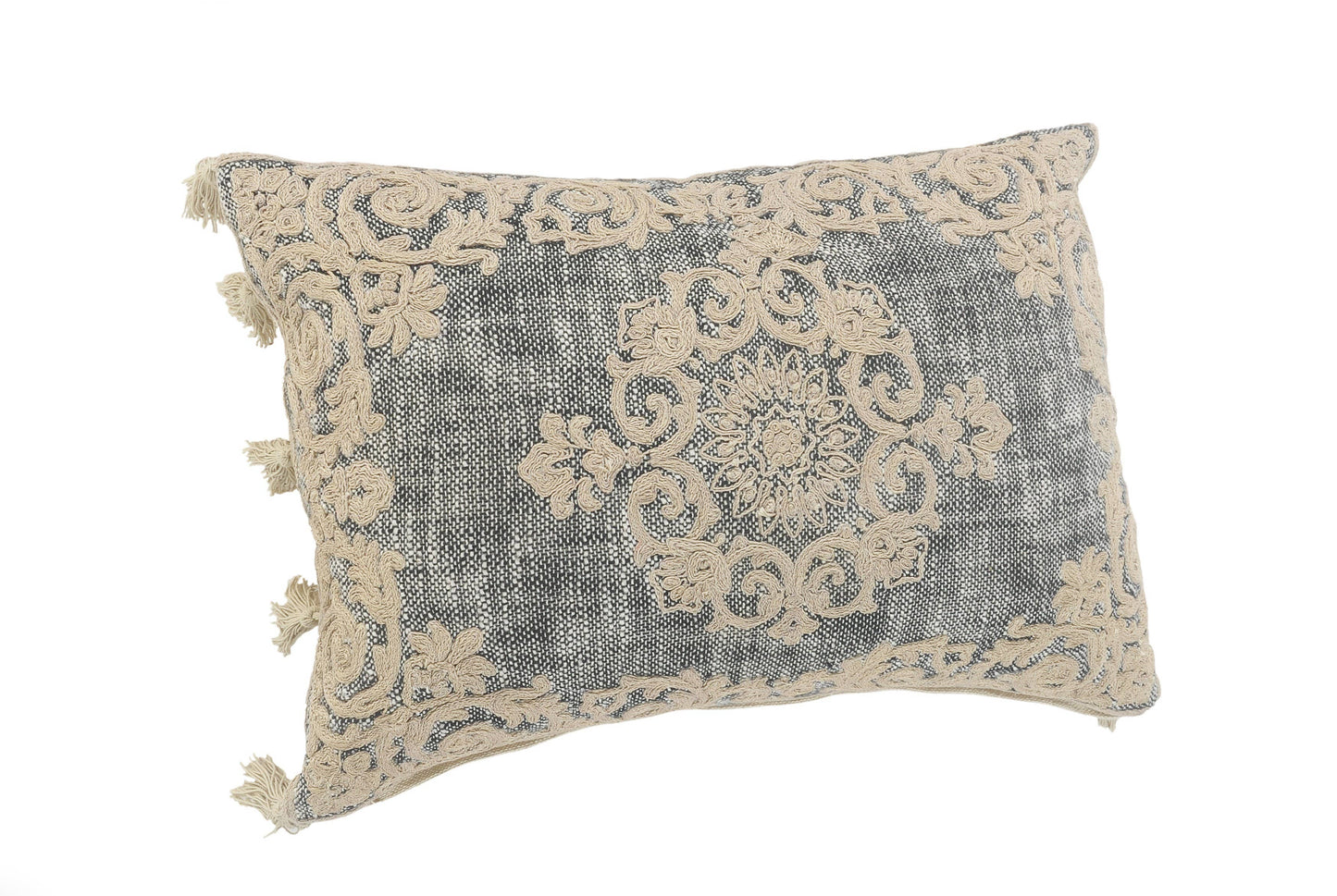 Medallion and Bordered Gray and Ivory Throw Pillow: Gray/Ivory / Poly Filled