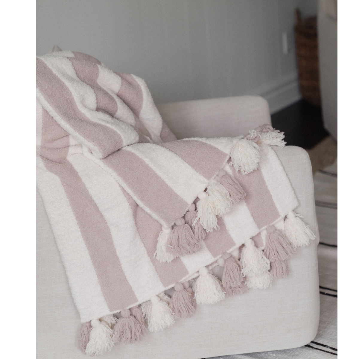 Striped Luxe Home Blanket with Tassels: Taupe/Cream