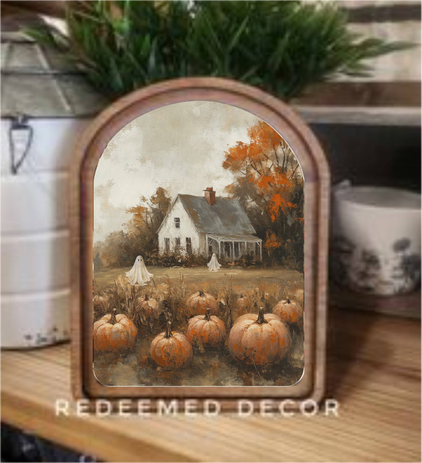 Arch Top Halloween Pumpkin Farmhouse Framed Art: 8.25x11"