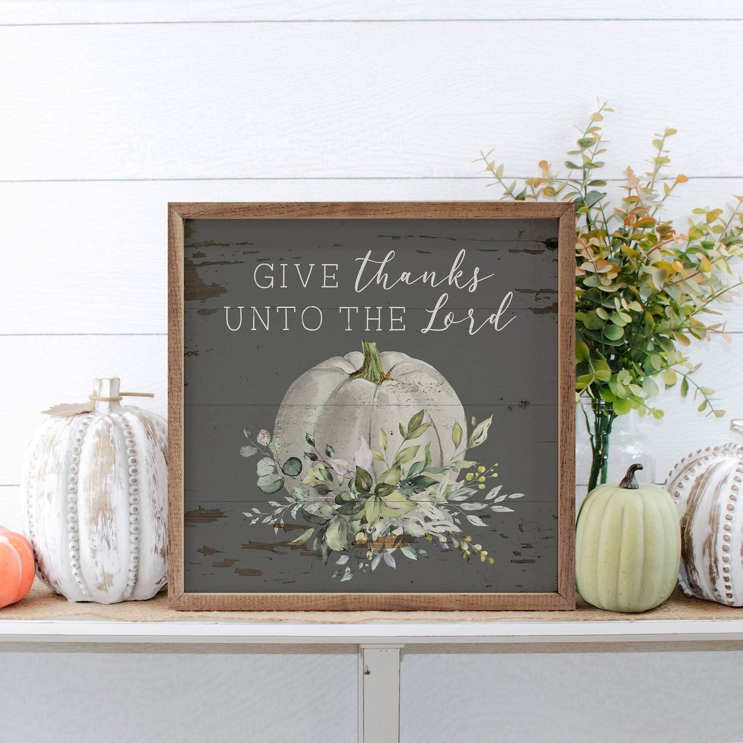 Give Thanks Unto The Lord Pumpkin Gray: 8 x 8 x 1.5