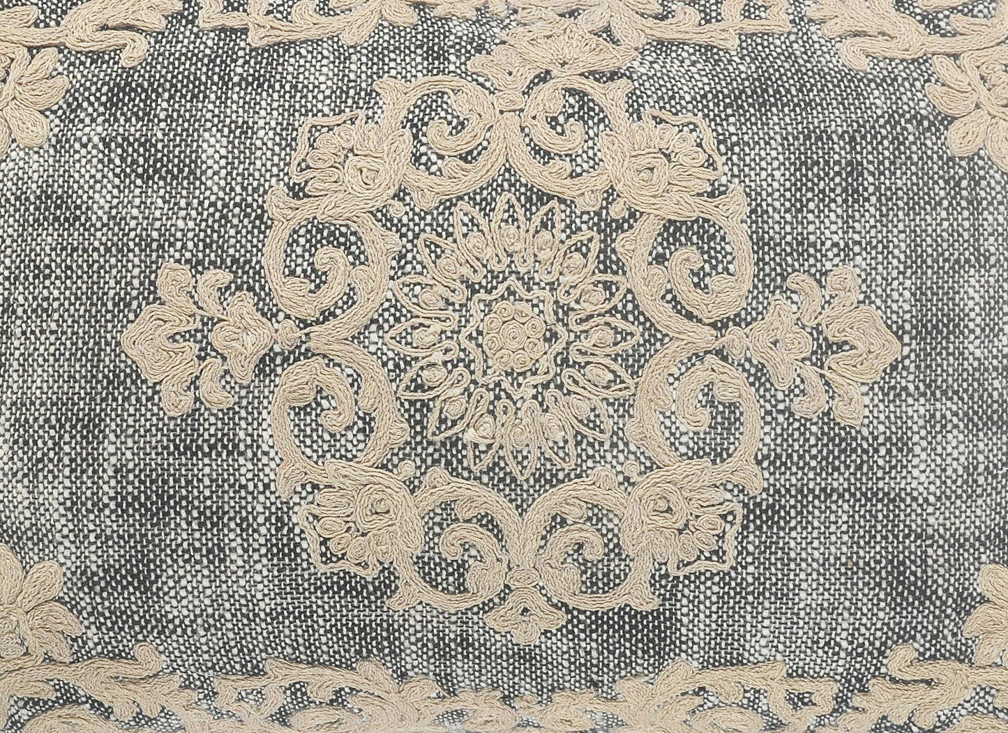 Medallion and Bordered Gray and Ivory Throw Pillow: Gray/Ivory / Poly Filled