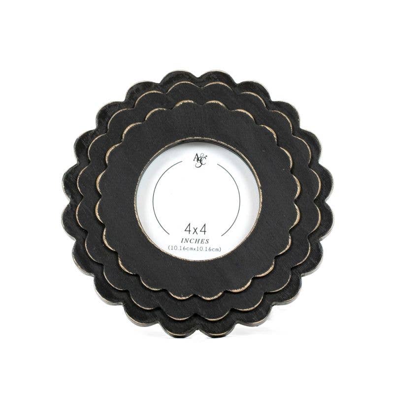 12089 - 8x8x1 wood scallop photo frame (ROUND) bk (4x4)