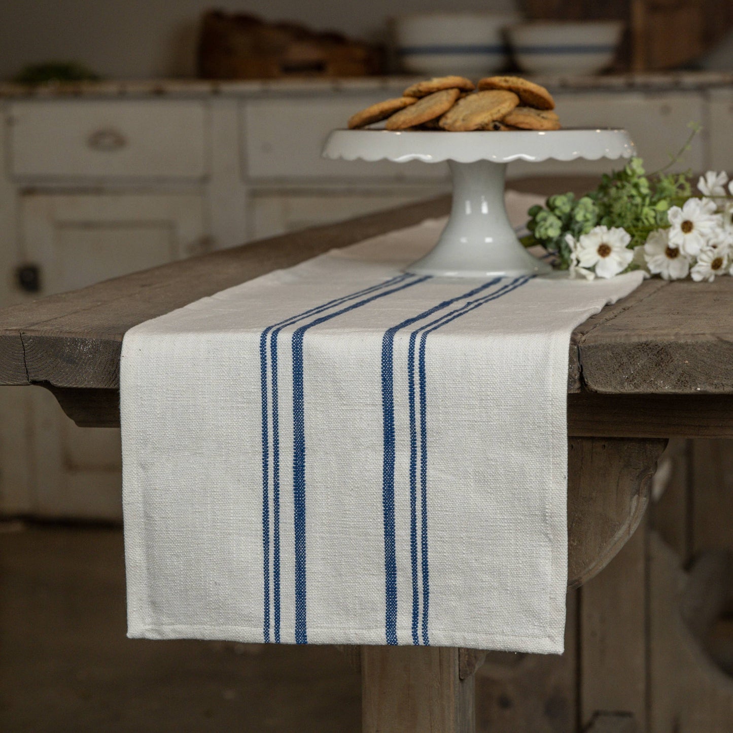 6' White Table Runner w/ Blue Stripe