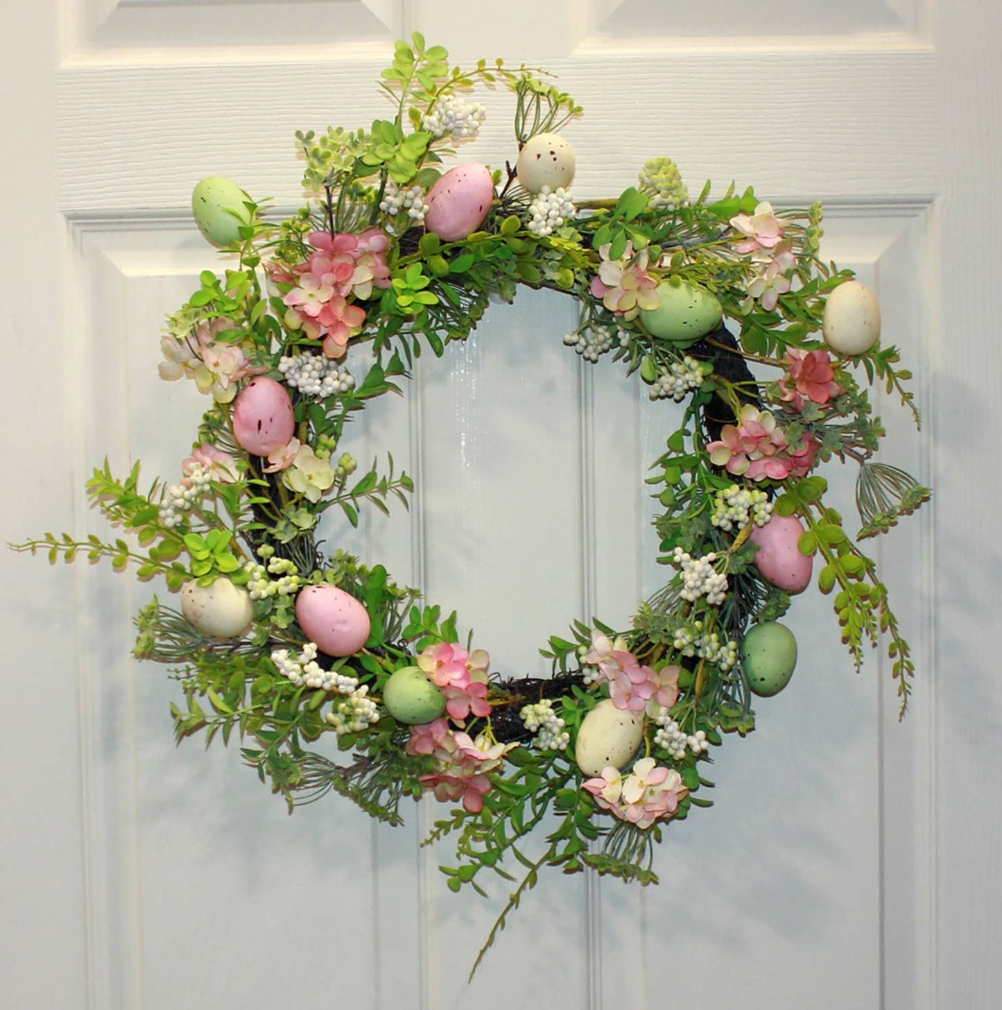 23" Easter Eggs and Green Leaves Wreath on Natural Twig Base