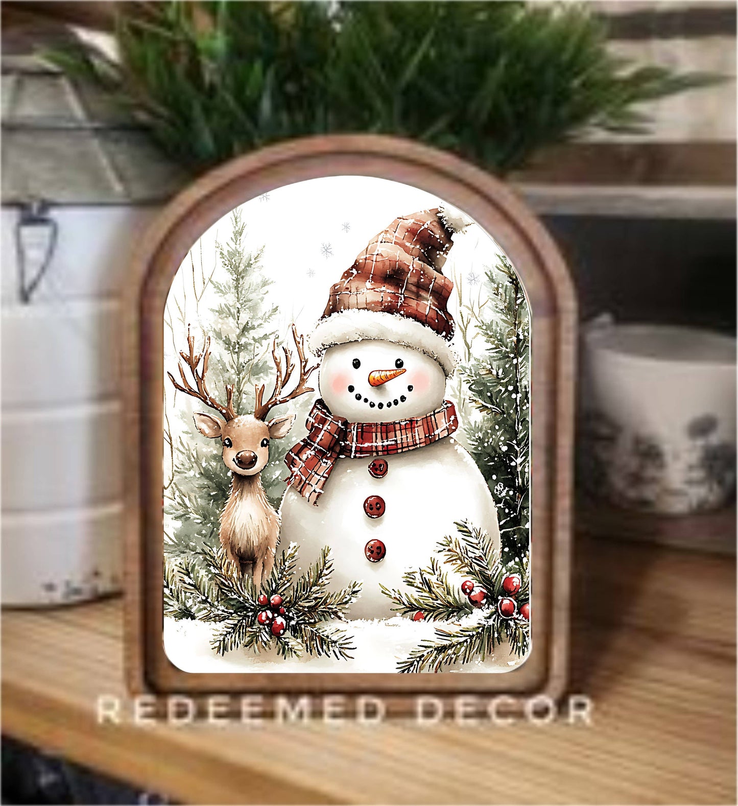 Arch Top Snowman Deer Framed Art : 8.25x11"