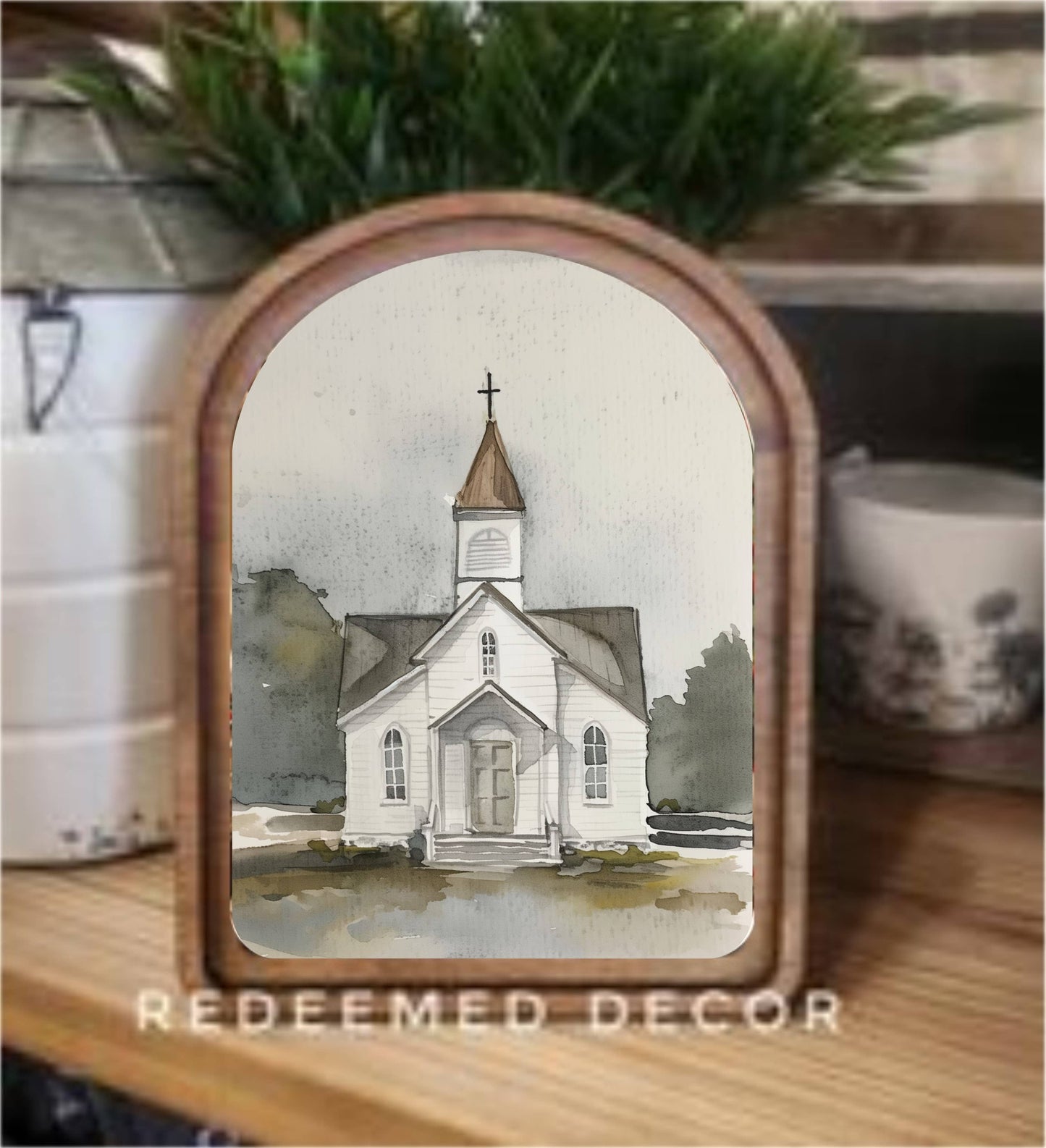 Arch Top Watercolor Church Framed Art : 6x8"