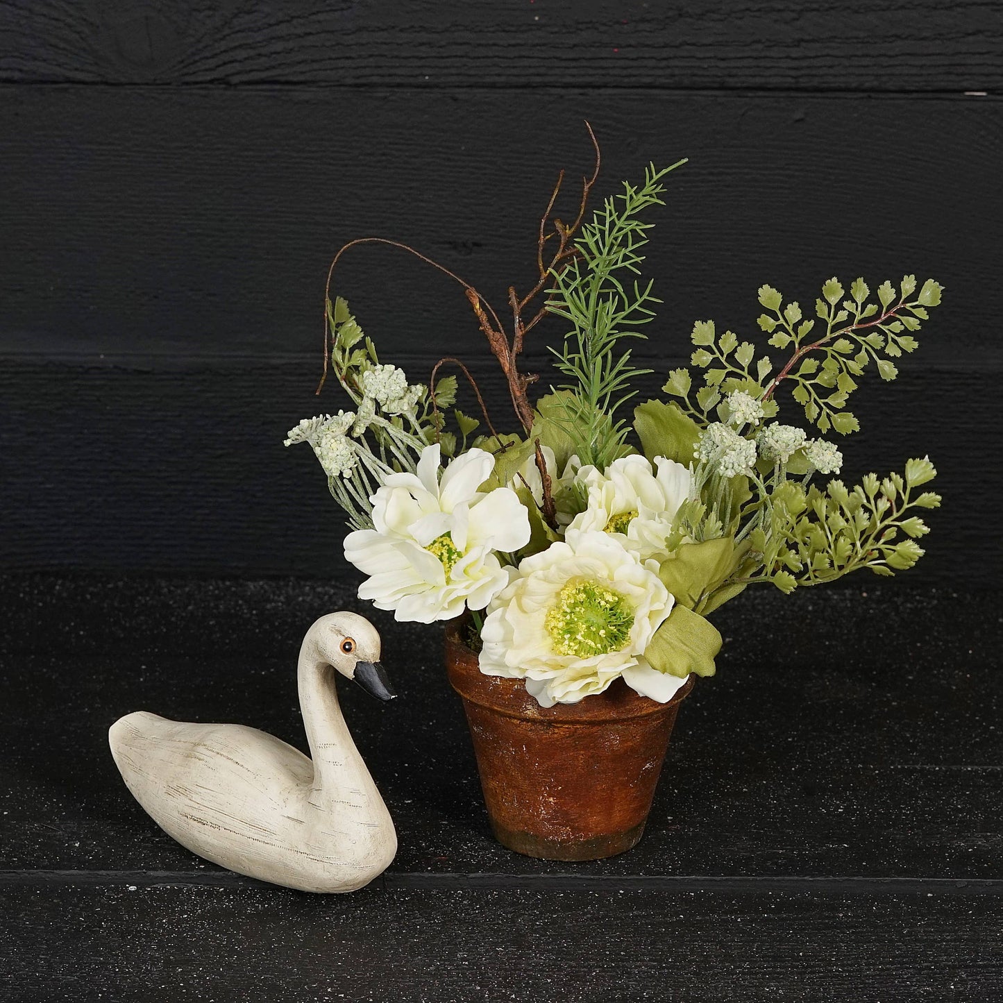 Cream Cosmos, Poppies with Greenery Pot-11"Hx9"D