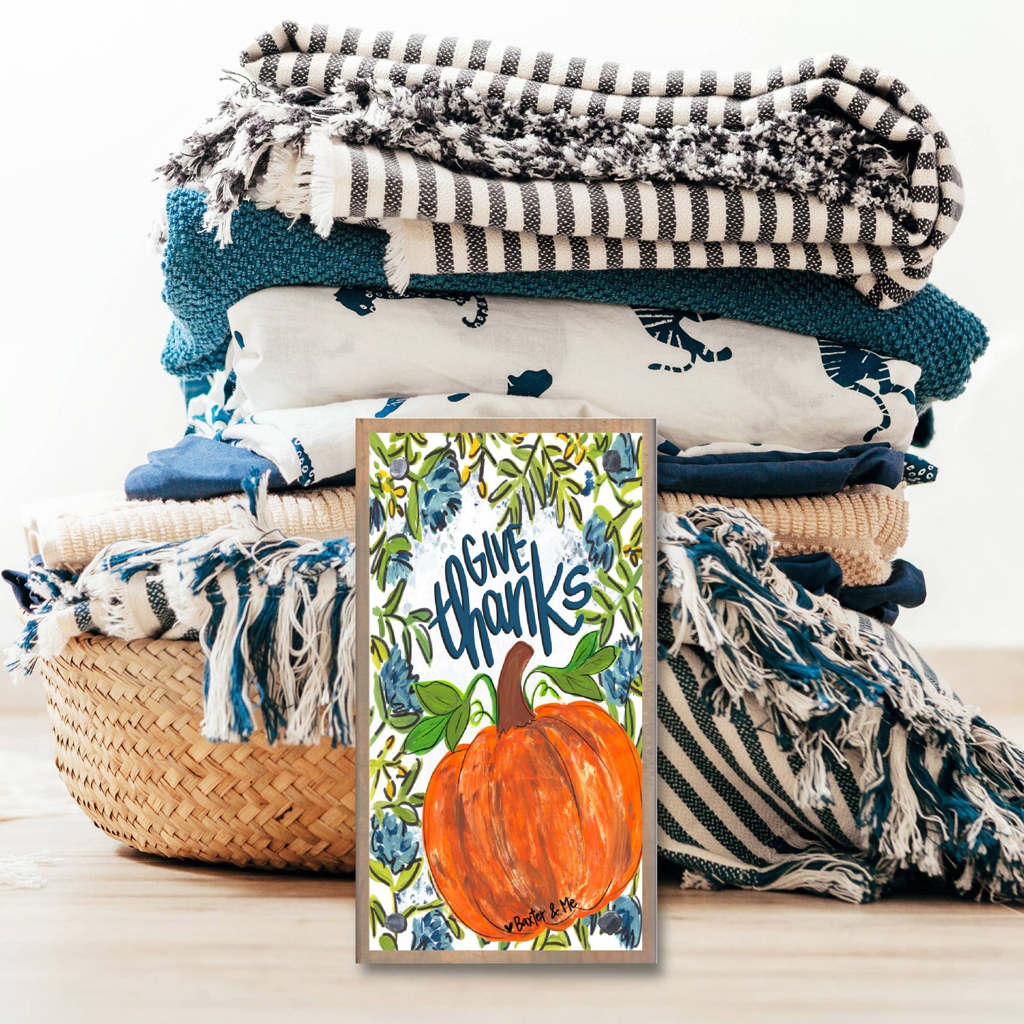 Blue Give Thanks Pumpkin Floral Driftwood Happy Block
