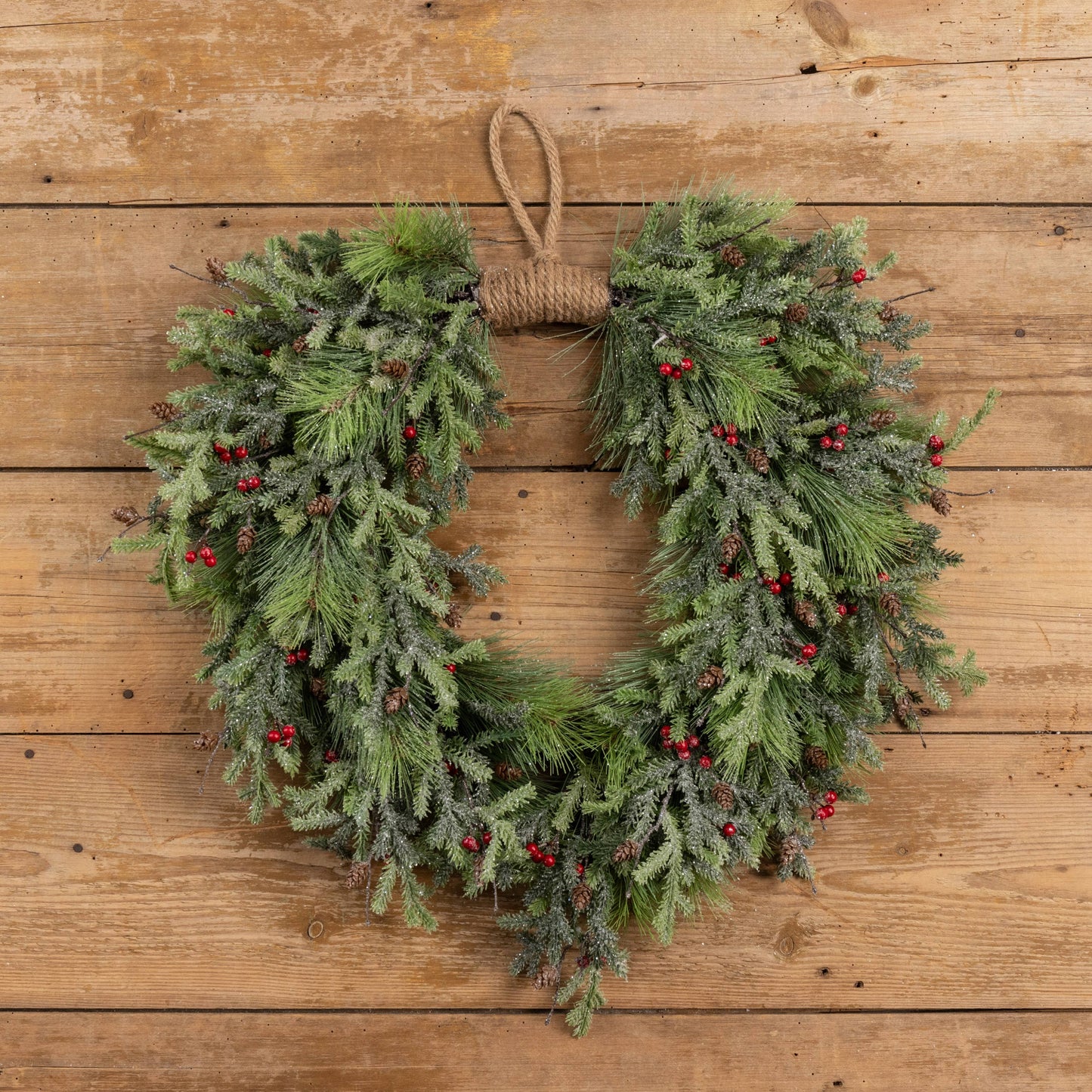 30" GLITTERED PINE & RED BERRY HANGING WREATH