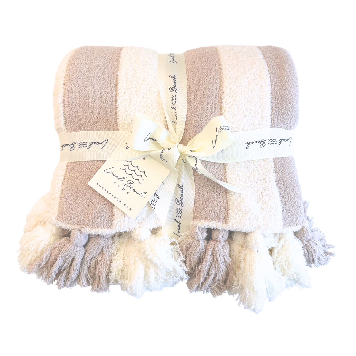 Striped Luxe Home Blanket with Tassels: Taupe/Cream