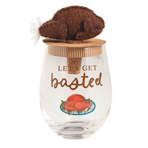 Basted Thanksgiving Wine Glass & Stopper Set