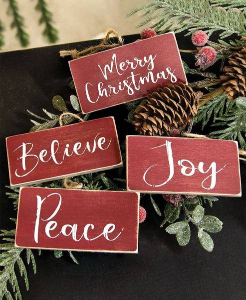Holiday Script Red Word Christmas Ornaments, 4 Assorted