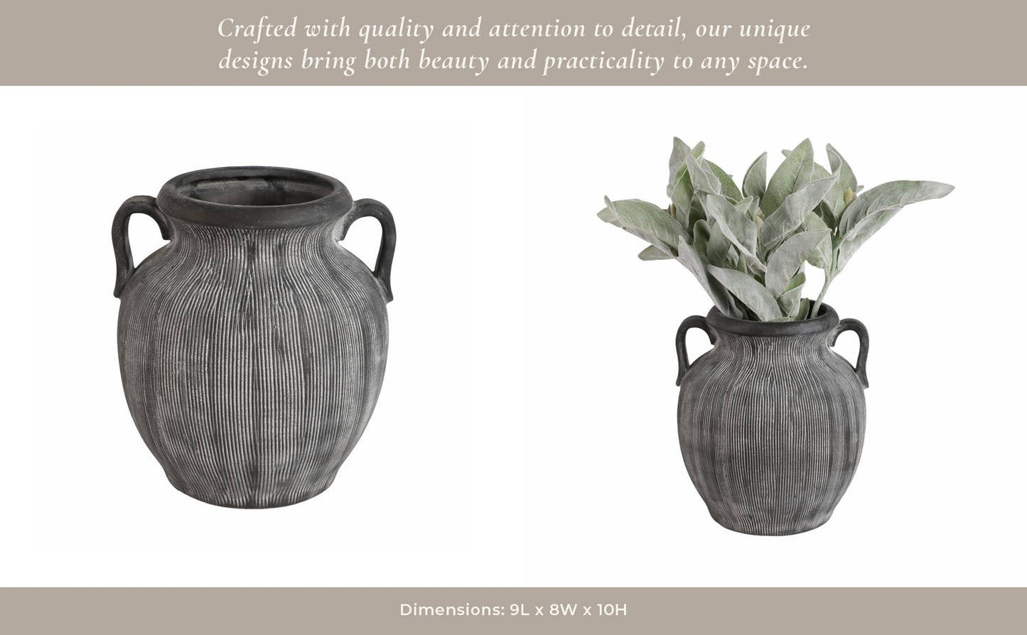 Ceramic Ribbed Texture Weathered Handle Vase - Black, 10 in.