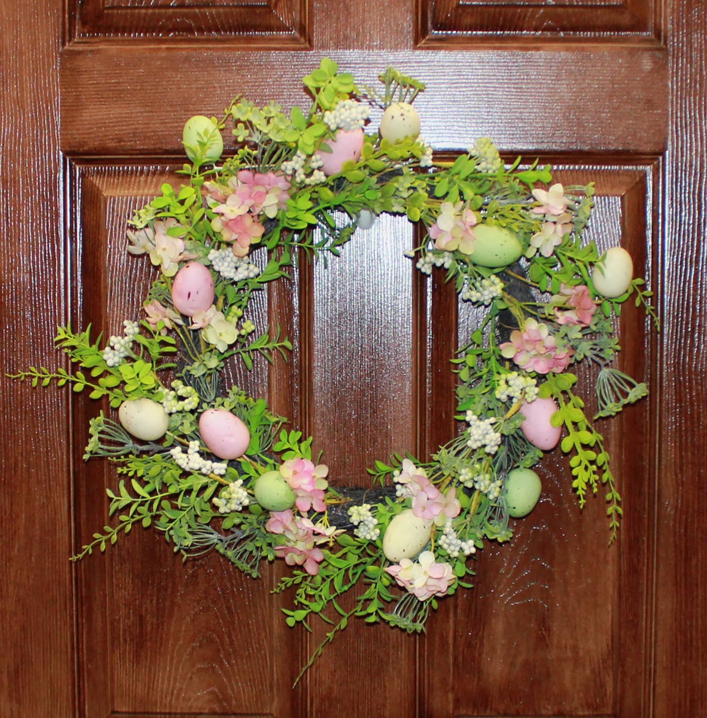23" Easter Eggs and Green Leaves Wreath on Natural Twig Base