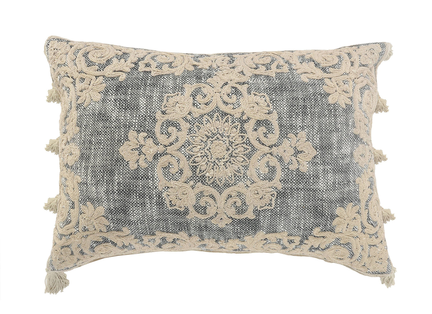 Medallion and Bordered Gray and Ivory Throw Pillow: Gray/Ivory / Poly Filled