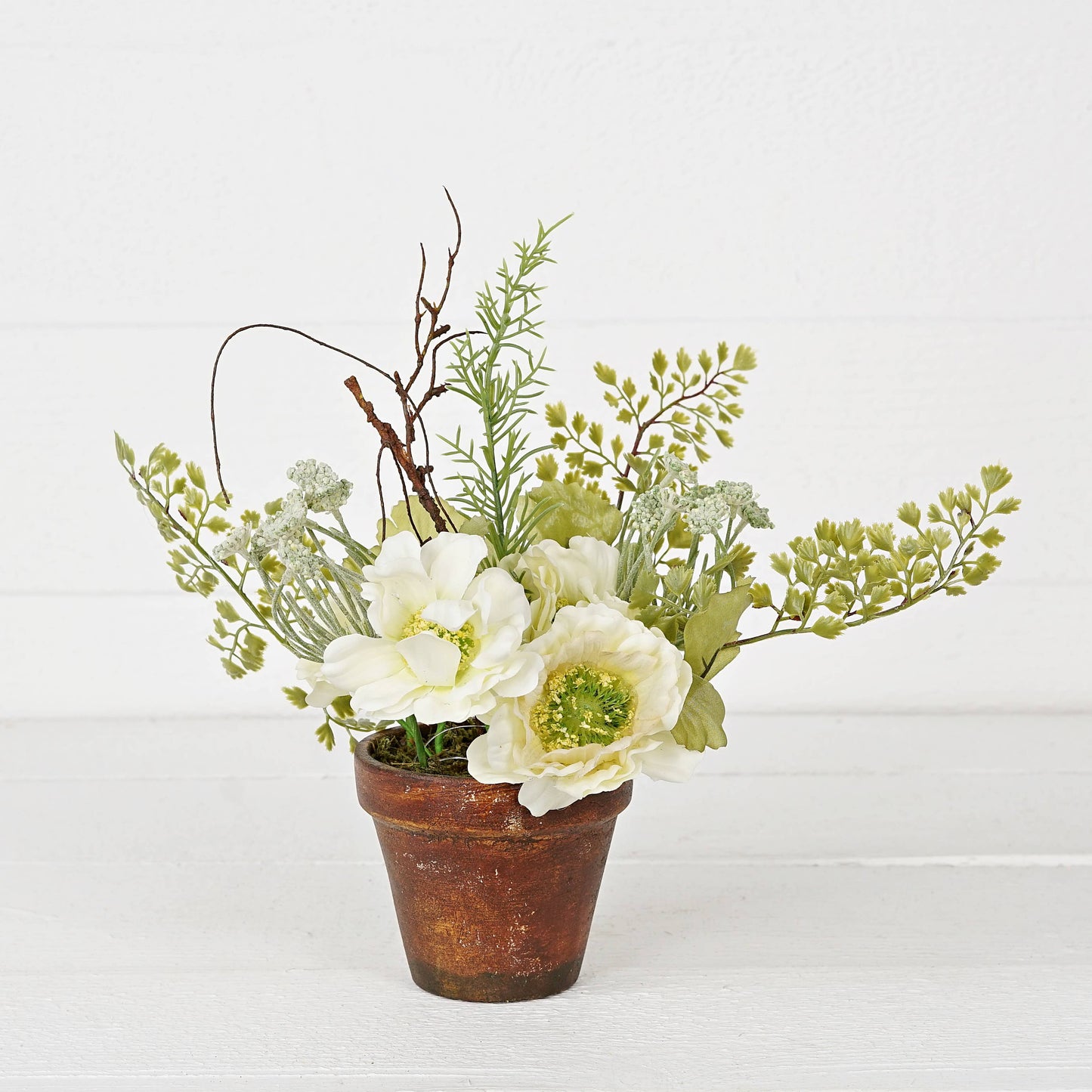 Cream Cosmos, Poppies with Greenery Pot-11"Hx9"D