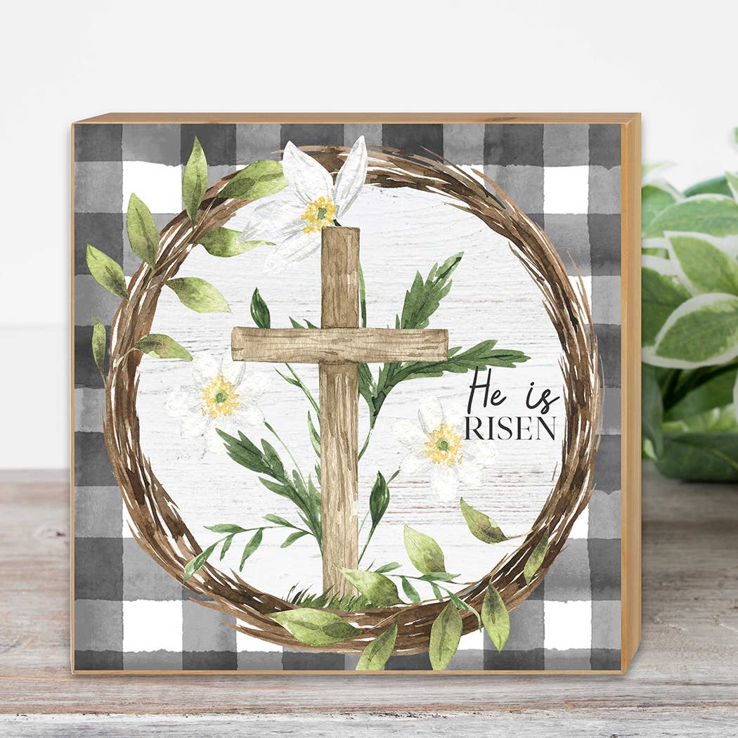 5x5 He is Risen Floral Cross Buffalo Check Block