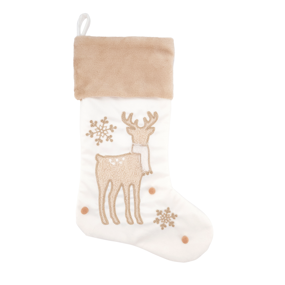 Ivory Embroidered Reindeer Christmas Tree Stocking