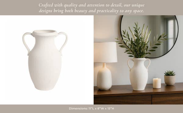 White 15 in. Stoneware Amphora Striped Weathered Jug