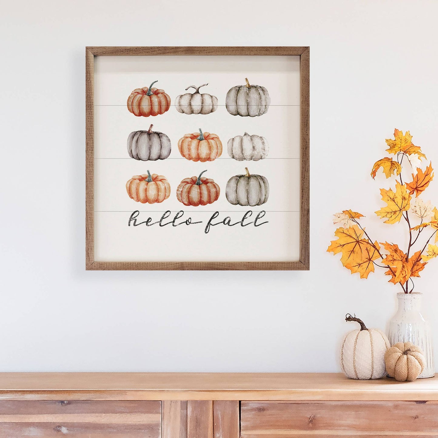 Hello Fall Orange And Gray Pumpkins White: 12 x 12 x 1.5