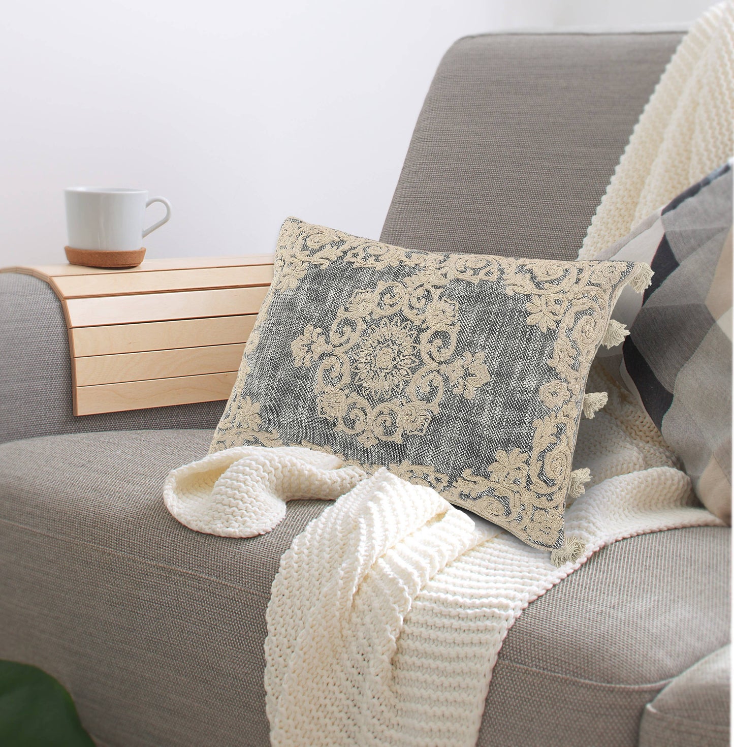 Medallion and Bordered Gray and Ivory Throw Pillow: Gray/Ivory / Poly Filled